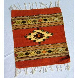 Vtg Handwoven Zapotec Orange Rug Vibrant Geometric Patterns Wool White Fringe